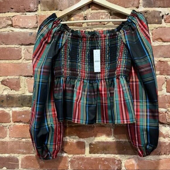 NWT J Crew Green Blue Red Tartan Plaid Fall Crop Peplum Peasant Blouse Top XS - Picture 3 of 5
